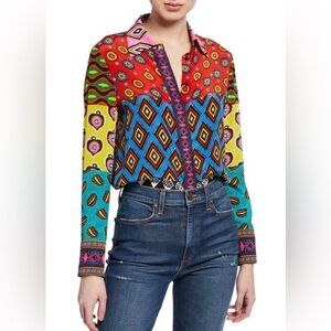 NEW‎ Alice + Olivia x CARLA Willa | Ribbon Combo Placket Silk Top Sz XS